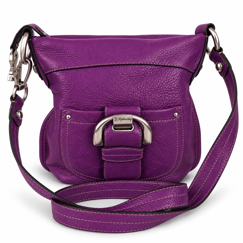 B Makowsky Purple Leather Crossbody Bag Small Pebble Leather Boho Purse Colorful